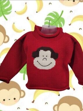 Claver Unisex Kids Rolled Neck Red Pull-over Smiling Monkey Motif Sweater